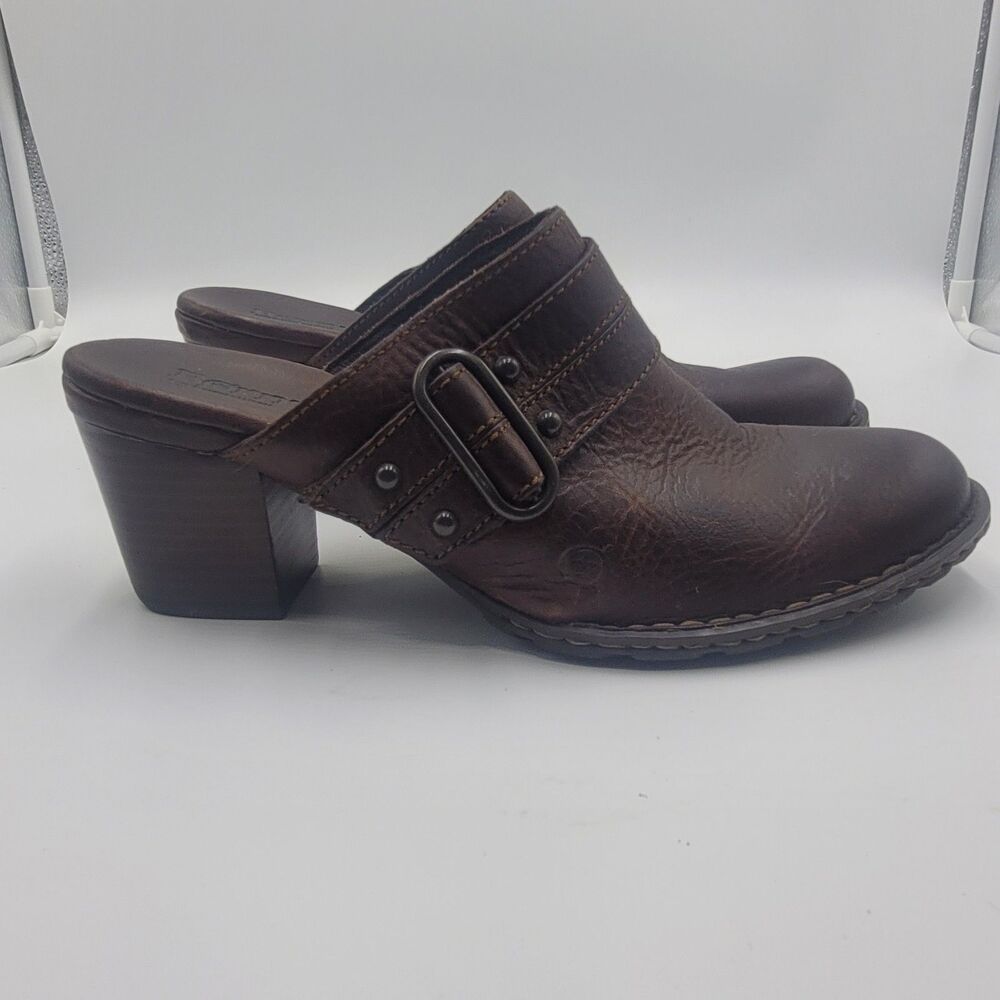Born Brown Leather Slip On Mules Heeled Western Casual Boho Shoes Women's Size 9
